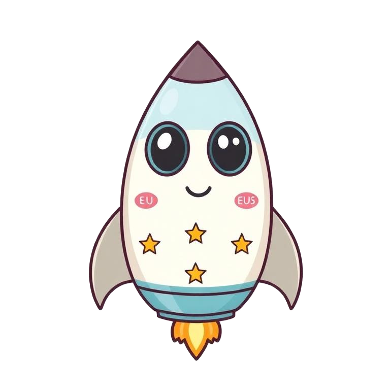Cute cartoon illustration of the Europa Centennial rocket — an EU-blue and gold ship with twelve stars and a hopeful smile, marking 100 years of European spaceflight in 2044.