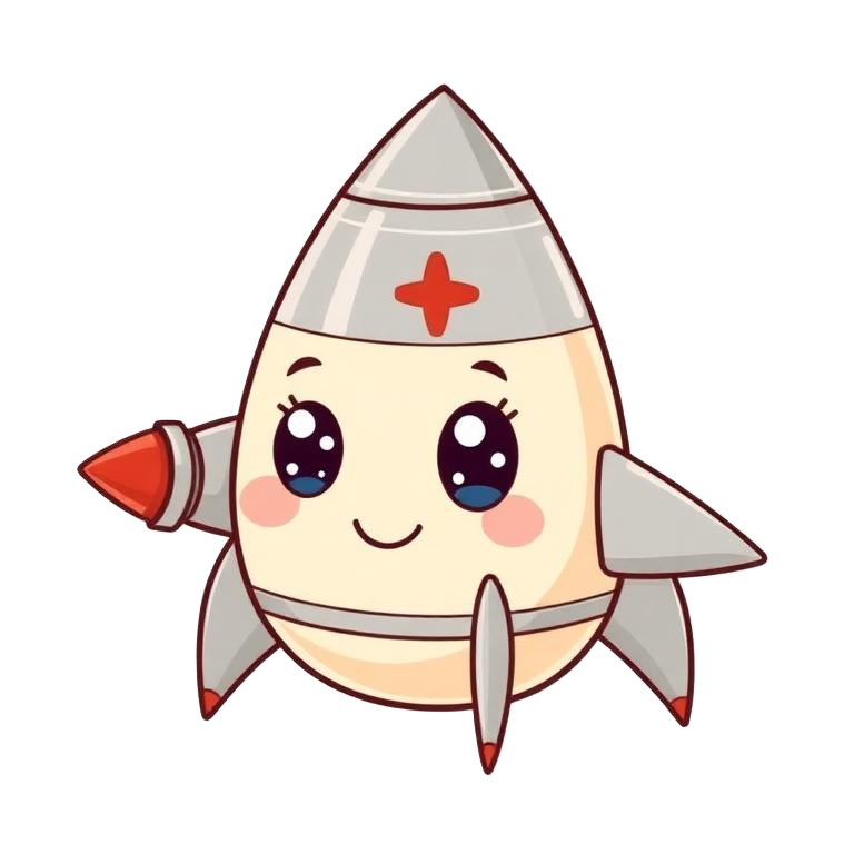 Cute cartoon illustration of the MW 18014 rocket — a slim grey-and-cream V-2 with a smiling face, marking the 1944 first crossing of the Kármán line.