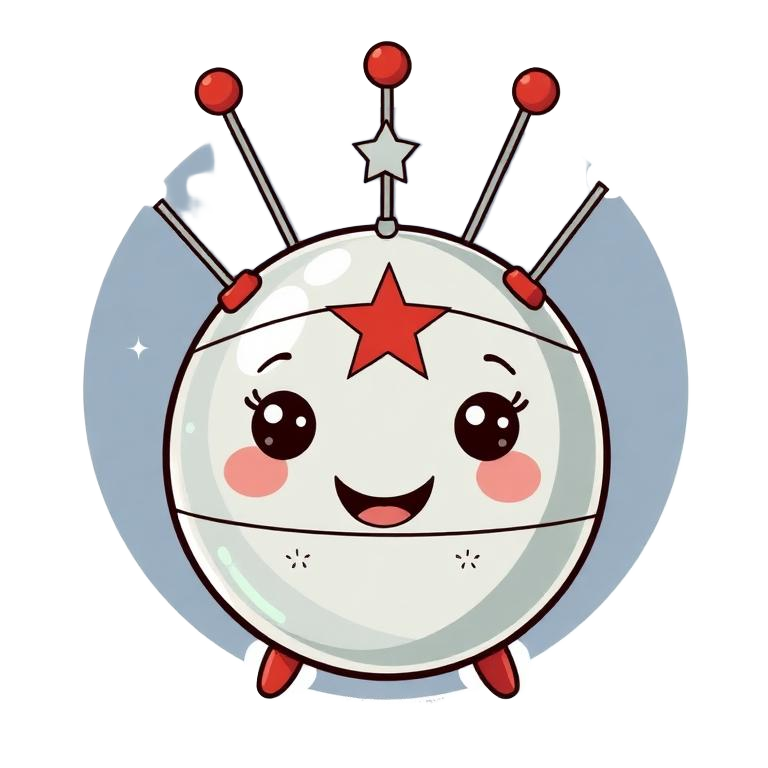 Cute cartoon illustration of Sputnik 1 — a polished metal sphere with four trailing antennae and a friendly face, the first artificial satellite from 1957.